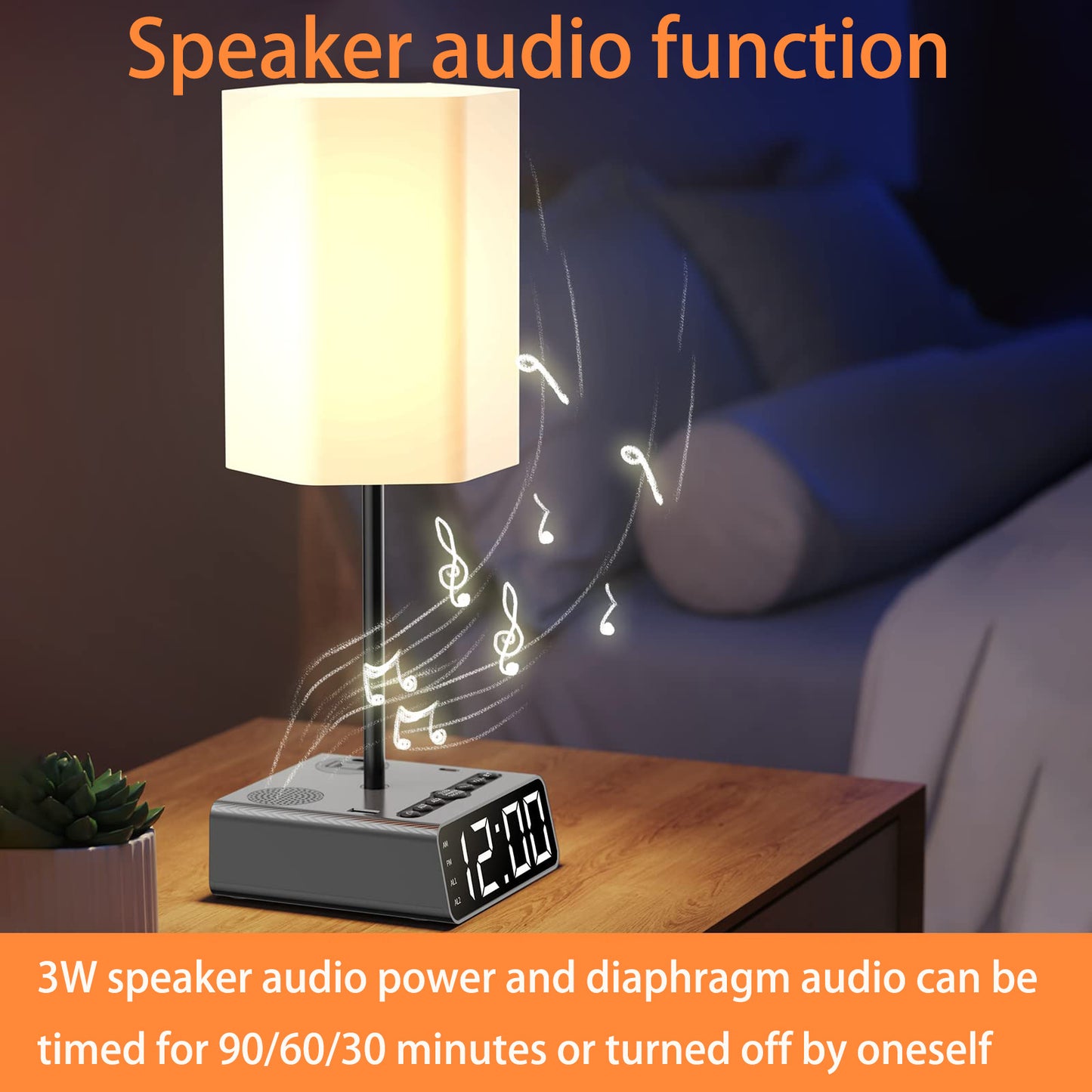 Beside Table Lamp with USB Ports and Outlets & Speakers