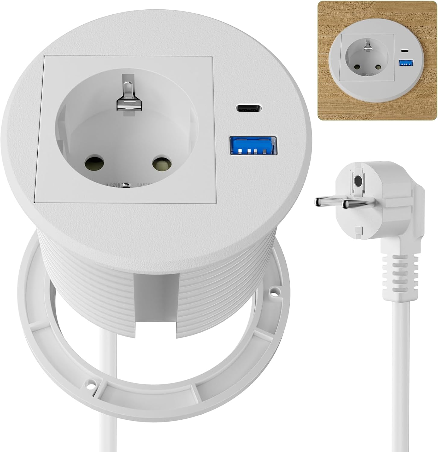 Tischsteckdose mit USB C PD20W, Einbausteckdose mit USB Steckdose Schreibtisch, Einbau Steckdosenleiste 2m Kabel, Weiß