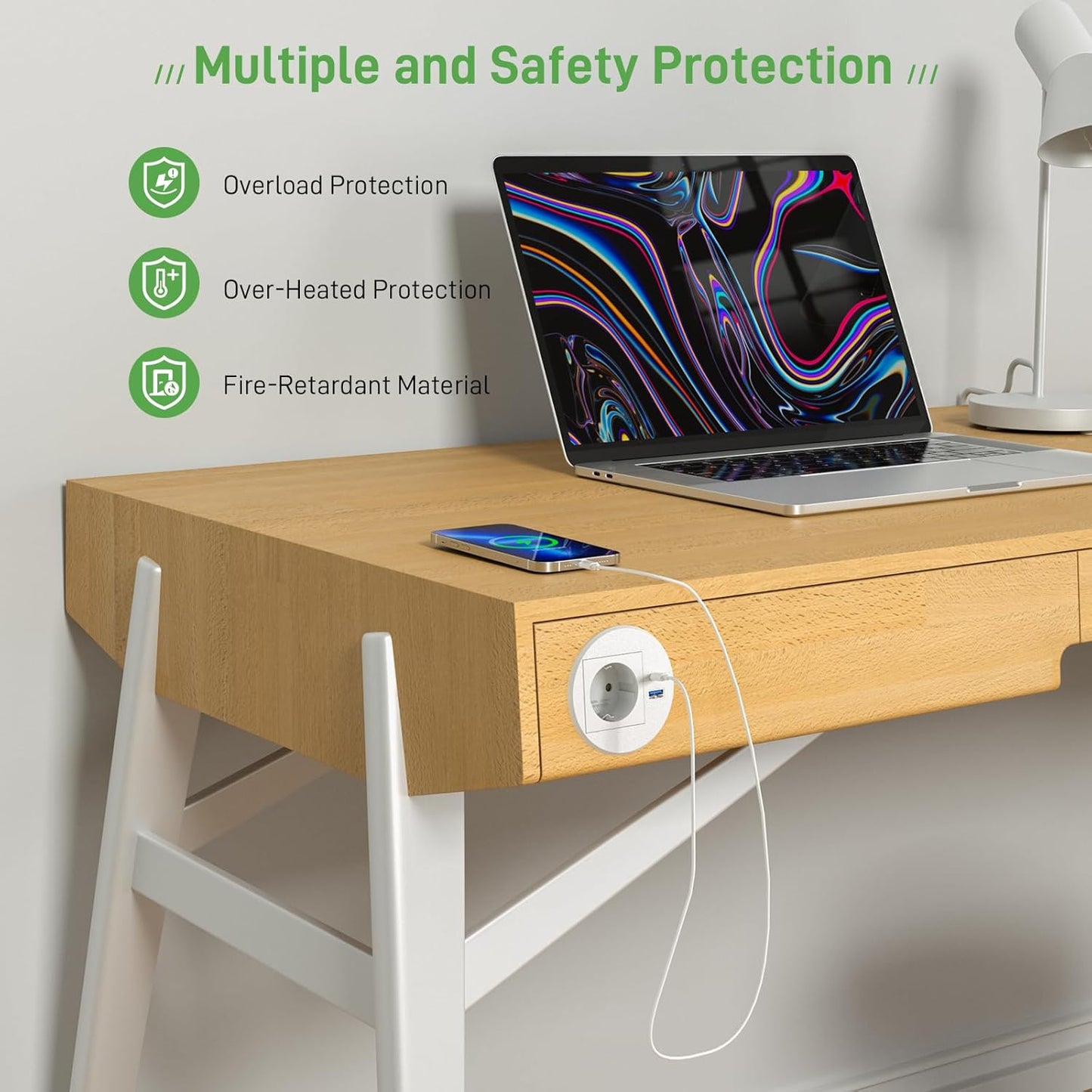 Tischsteckdose mit USB C PD20W, Einbausteckdose mit USB Steckdose Schreibtisch, Einbau Steckdosenleiste 2m Kabel, Weiß