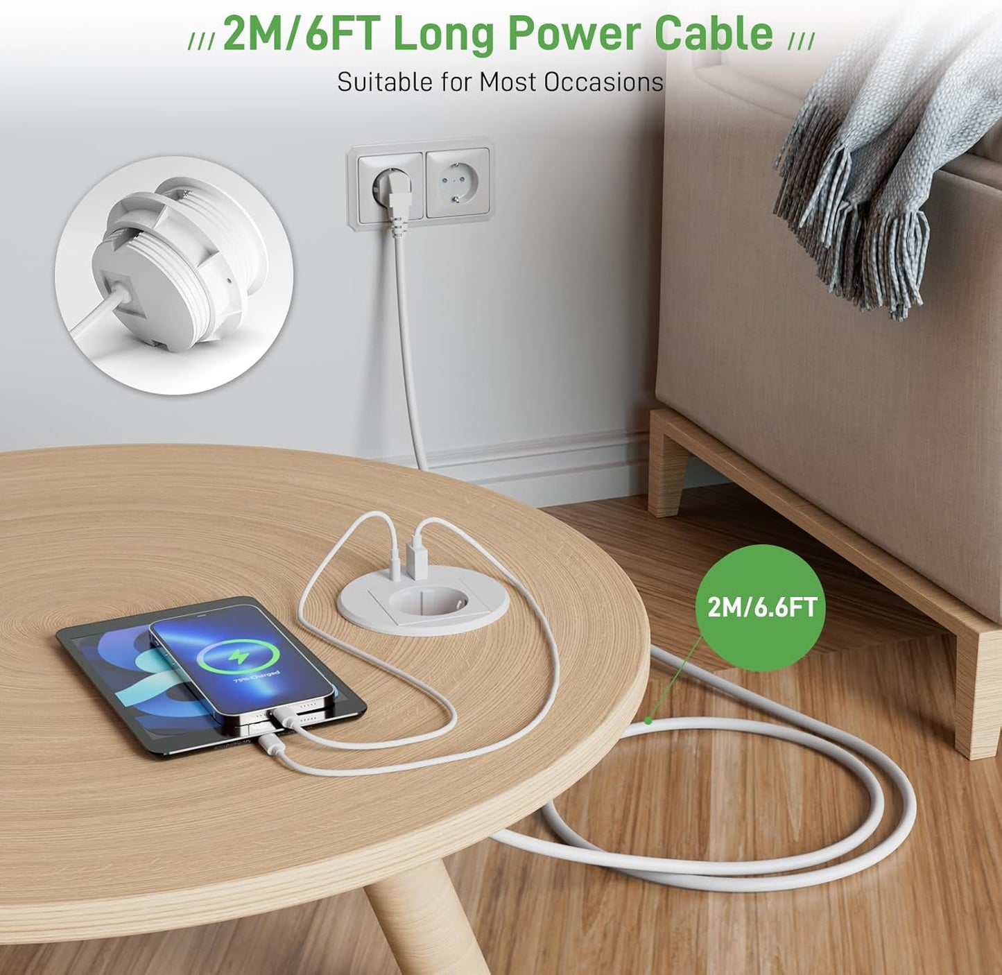 Tischsteckdose mit USB C PD20W, Einbausteckdose mit USB Steckdose Schreibtisch, Einbau Steckdosenleiste 2m Kabel, Weiß