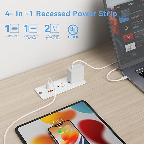 Recessed Power Strip with 20W USB C