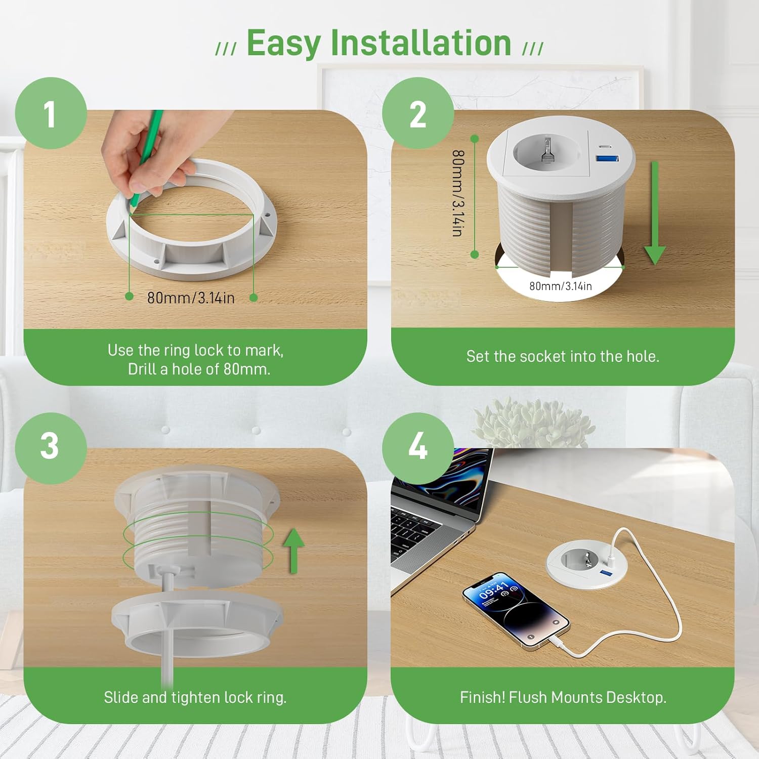 Tischsteckdose mit USB C PD20W, Einbausteckdose mit USB Steckdose Schreibtisch, Einbau Steckdosenleiste 2m Kabel, Weiß