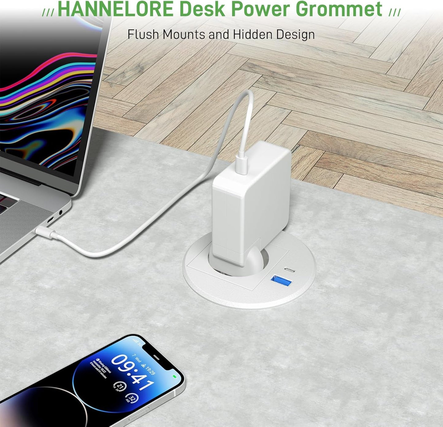 Tischsteckdose mit USB C PD20W, Einbausteckdose mit USB Steckdose Schreibtisch, Einbau Steckdosenleiste 2m Kabel, Weiß