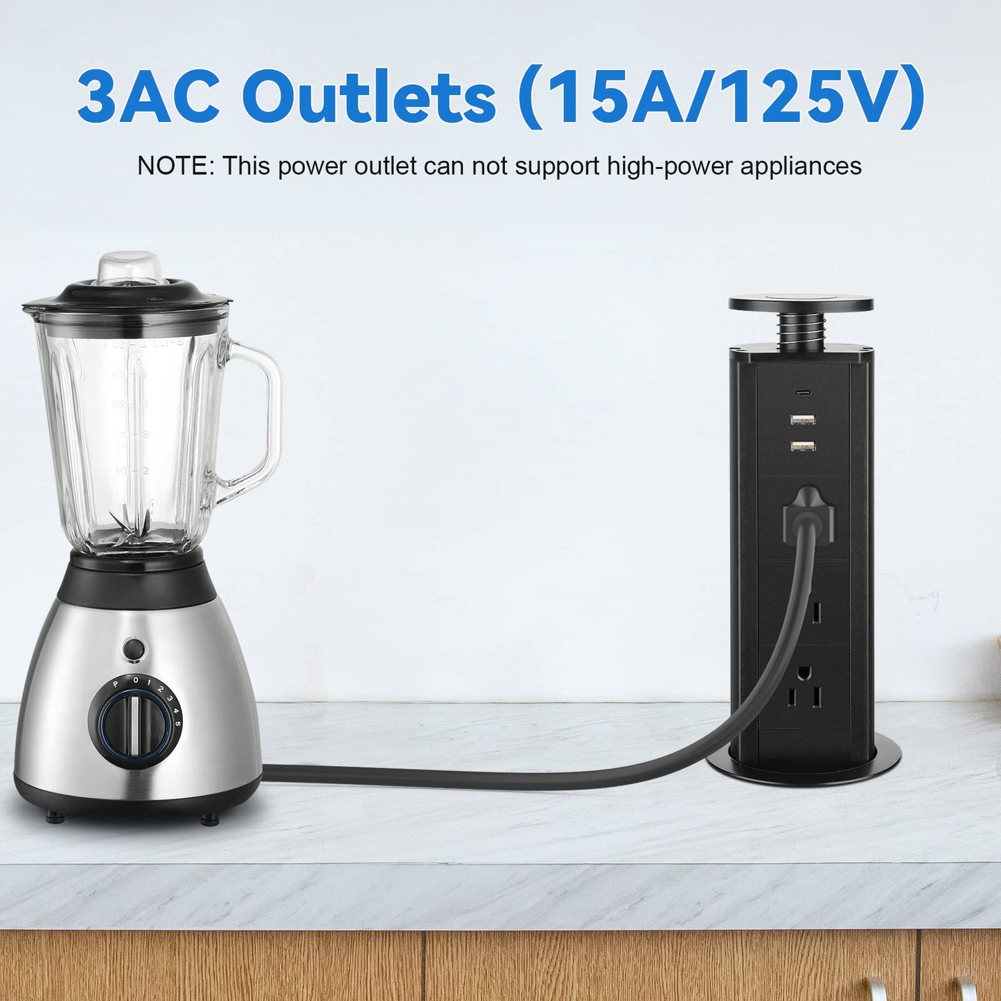 Pop Up Socket with 3 AC Outlets and 2 USB-A & 1 PD 20W USB-C Ports