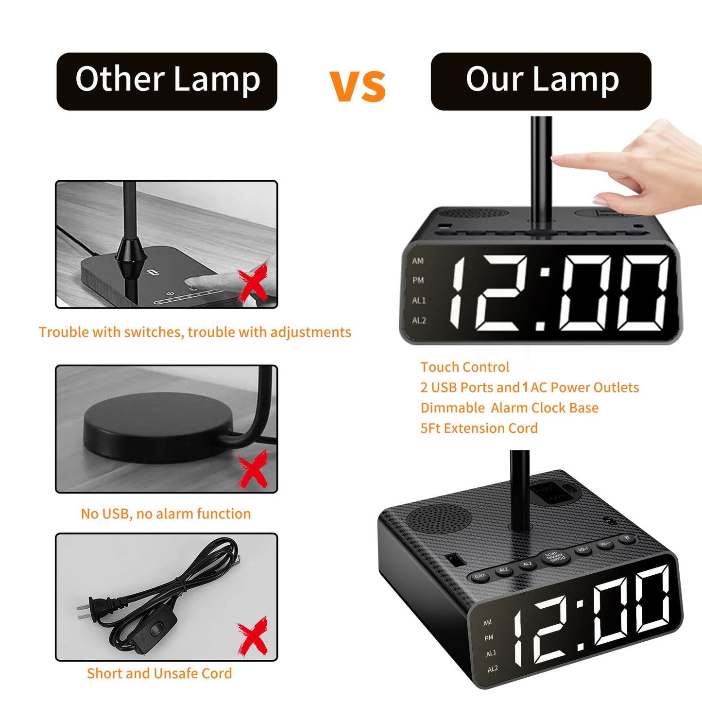 Beside Table Lamp with USB Ports and Outlets & Speakers