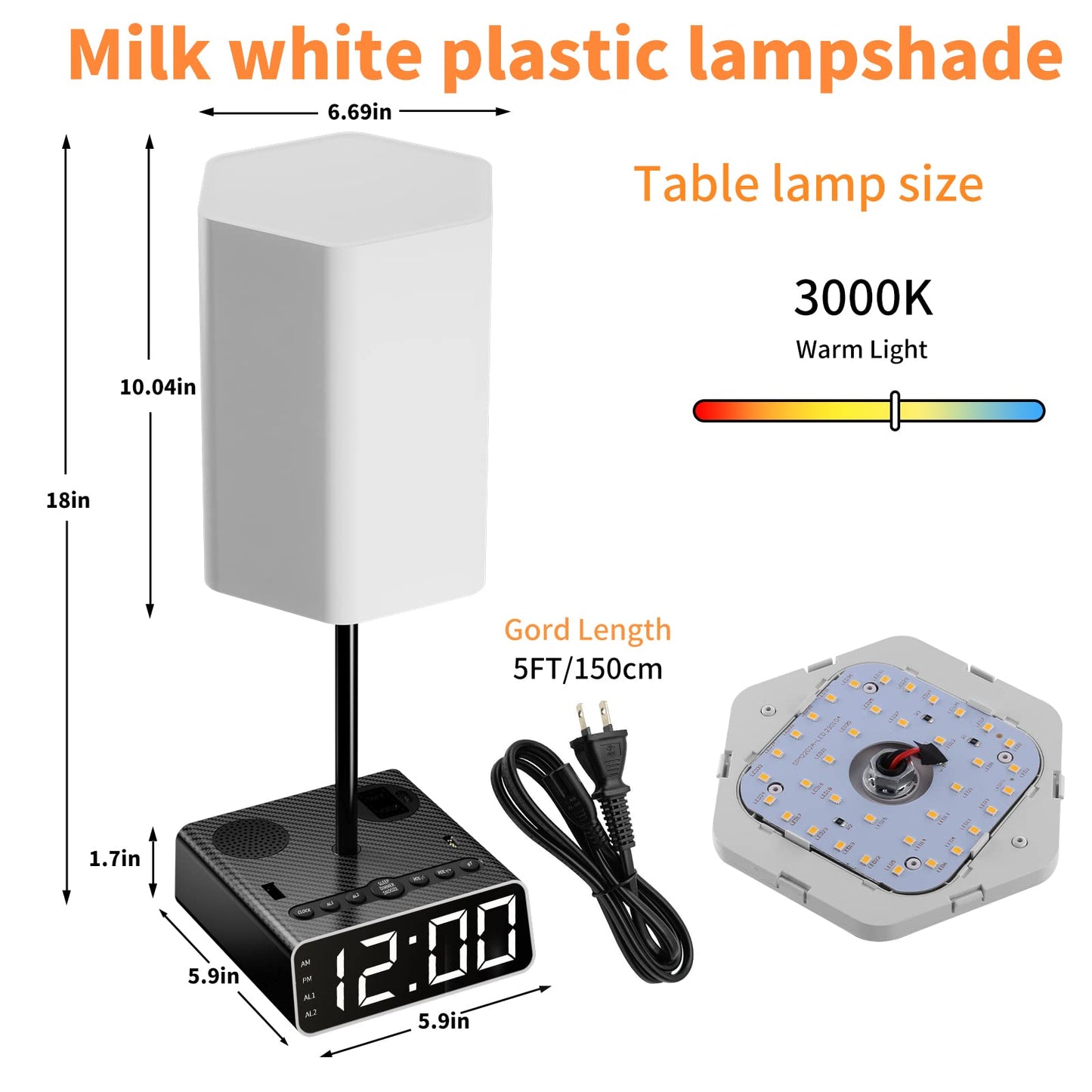 Beside Table Lamp with USB Ports and Outlets & Speakers