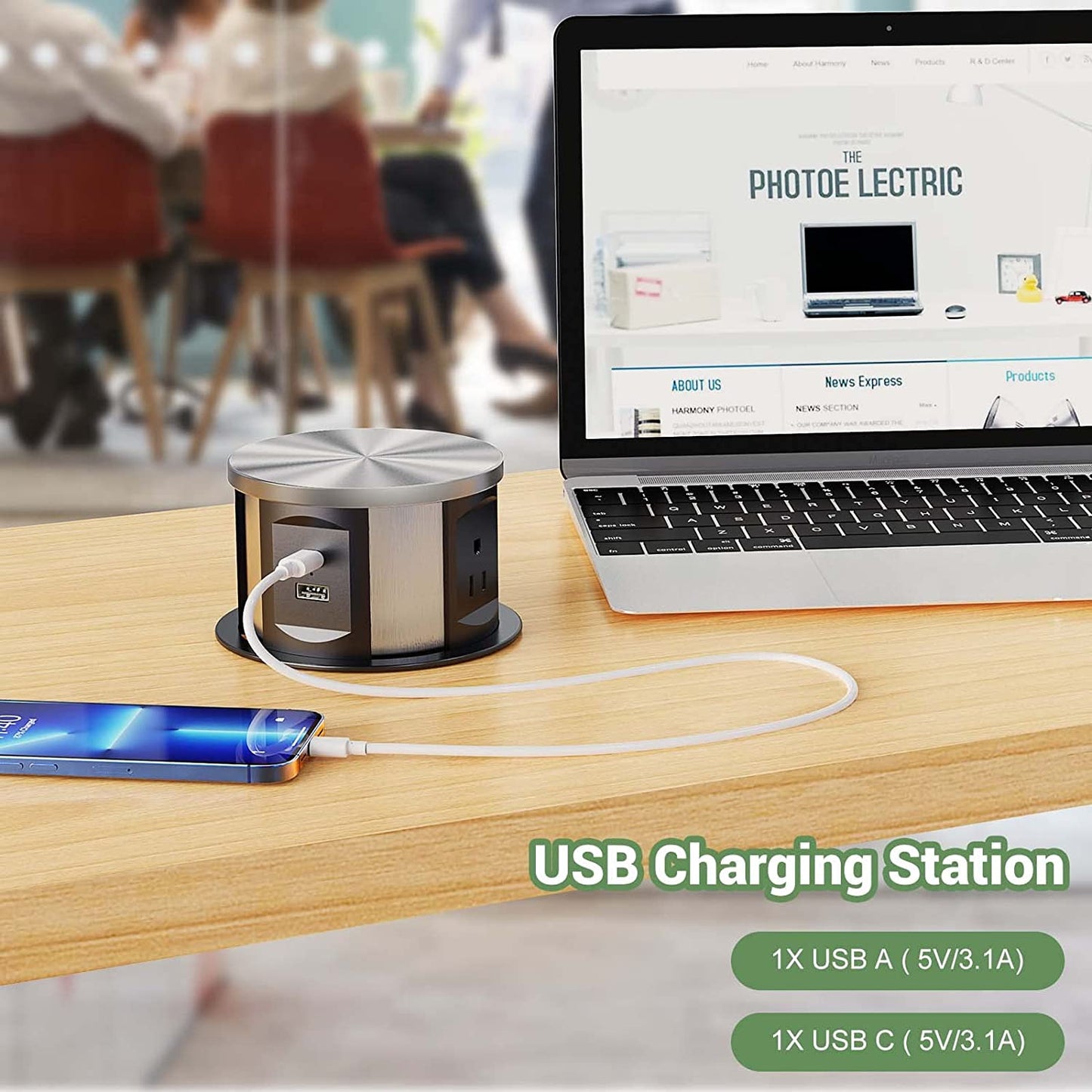 Pop Up Power Outlet Charging Station with 3 AC Plug & 1 USB A and 1 USB C Port