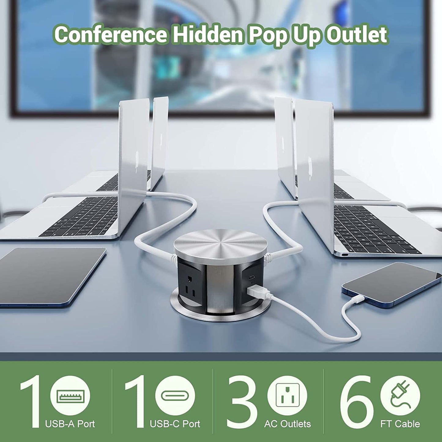Pop Up Power Outlet Charging Station with 3 AC Plug & 1 USB A and 1 USB C Port