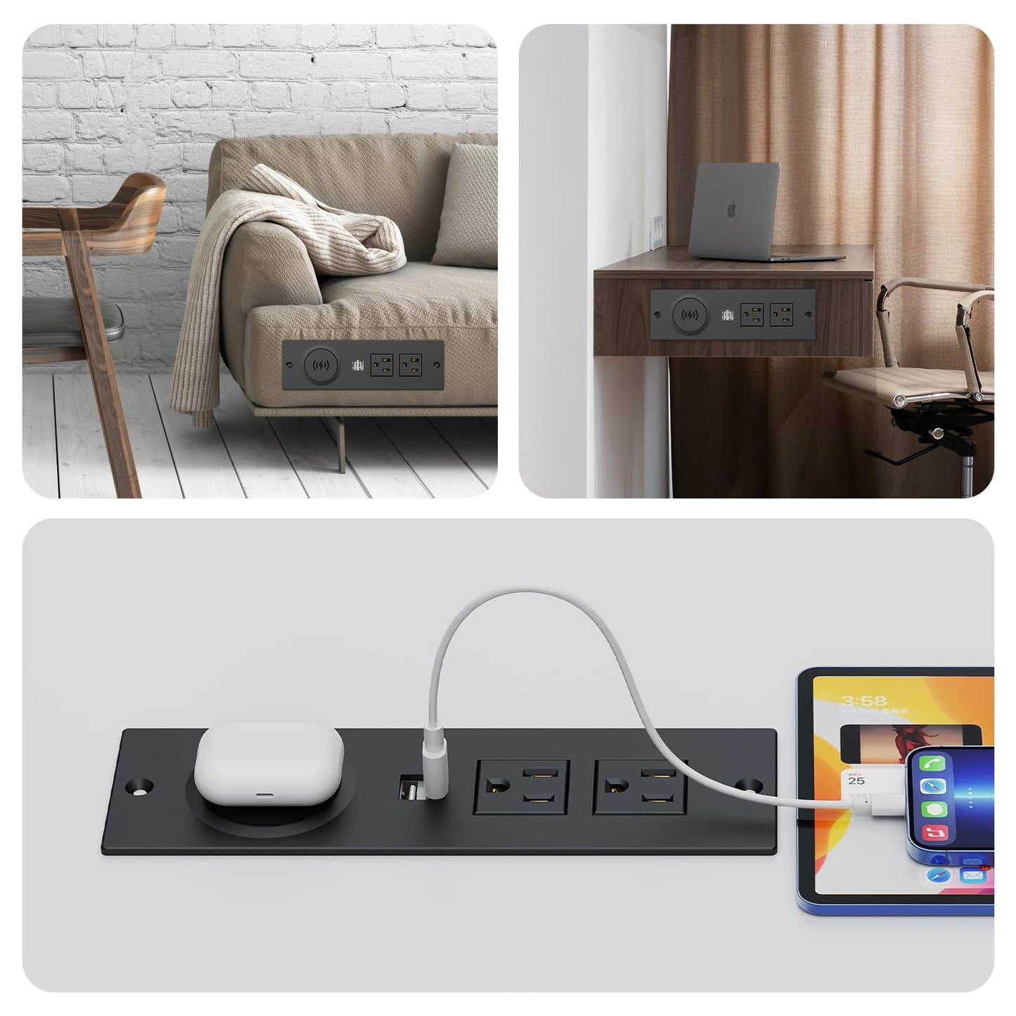 Desk Outlet 10W Wireless Charging Station with 2 Outlet & 2 USB Ports