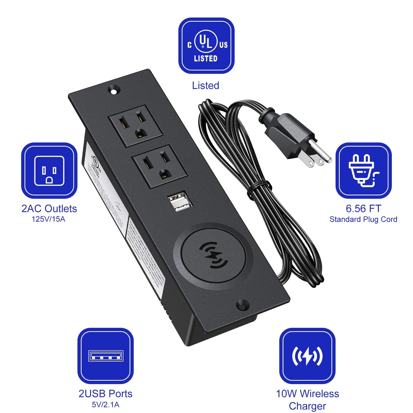 Desk Outlet 10W Wireless Charging Station with 2 Outlet & 2 USB Ports