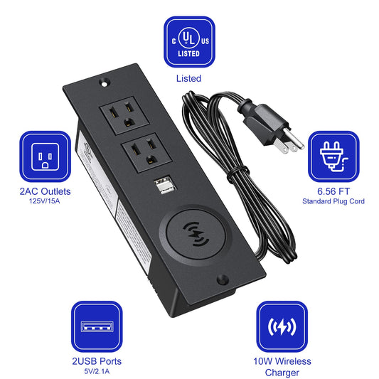 Desk Outlet 10W Wireless Charging Station with 2 Outlet & 2 USB Ports