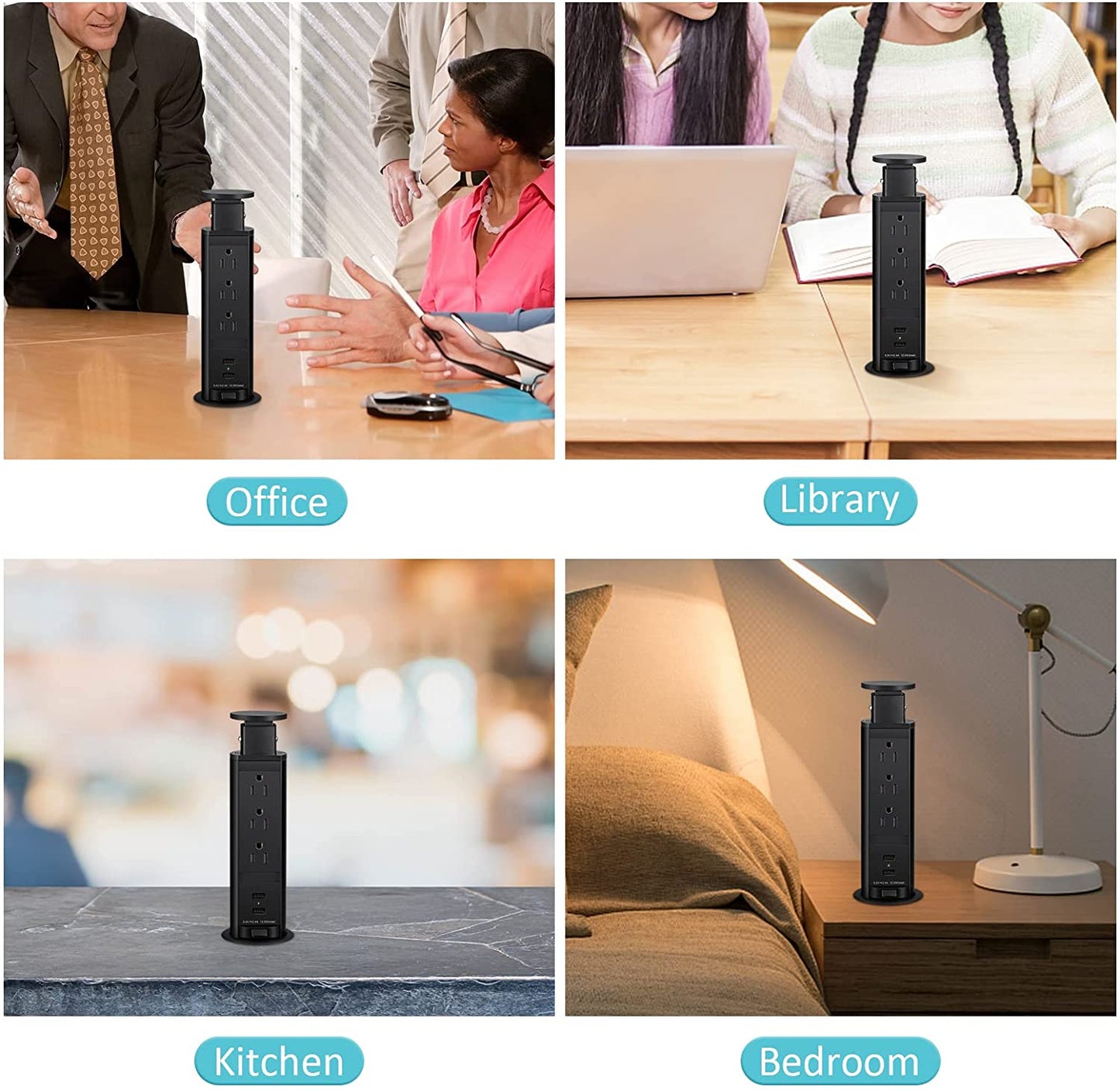Black retractable pop up outlet shown in office, library, kitchen and bedroom
