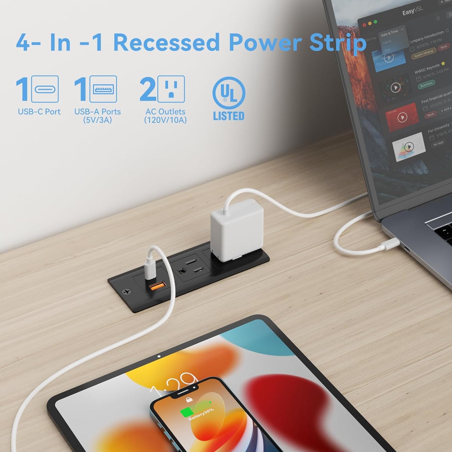 Recessed Power Strip with 20W USB C