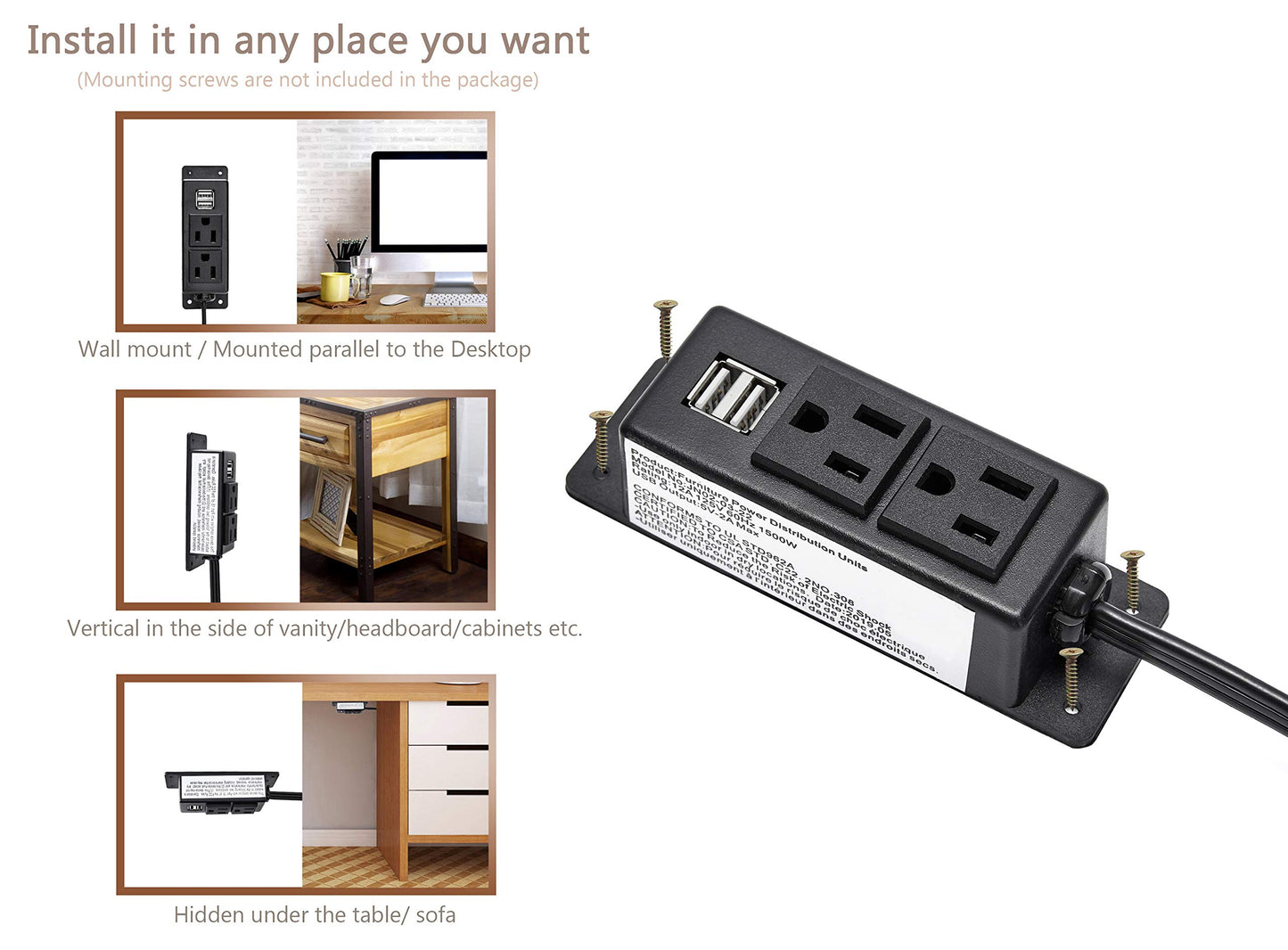 Surge Protector Power Strip Flat Plug Desk Power Grommet