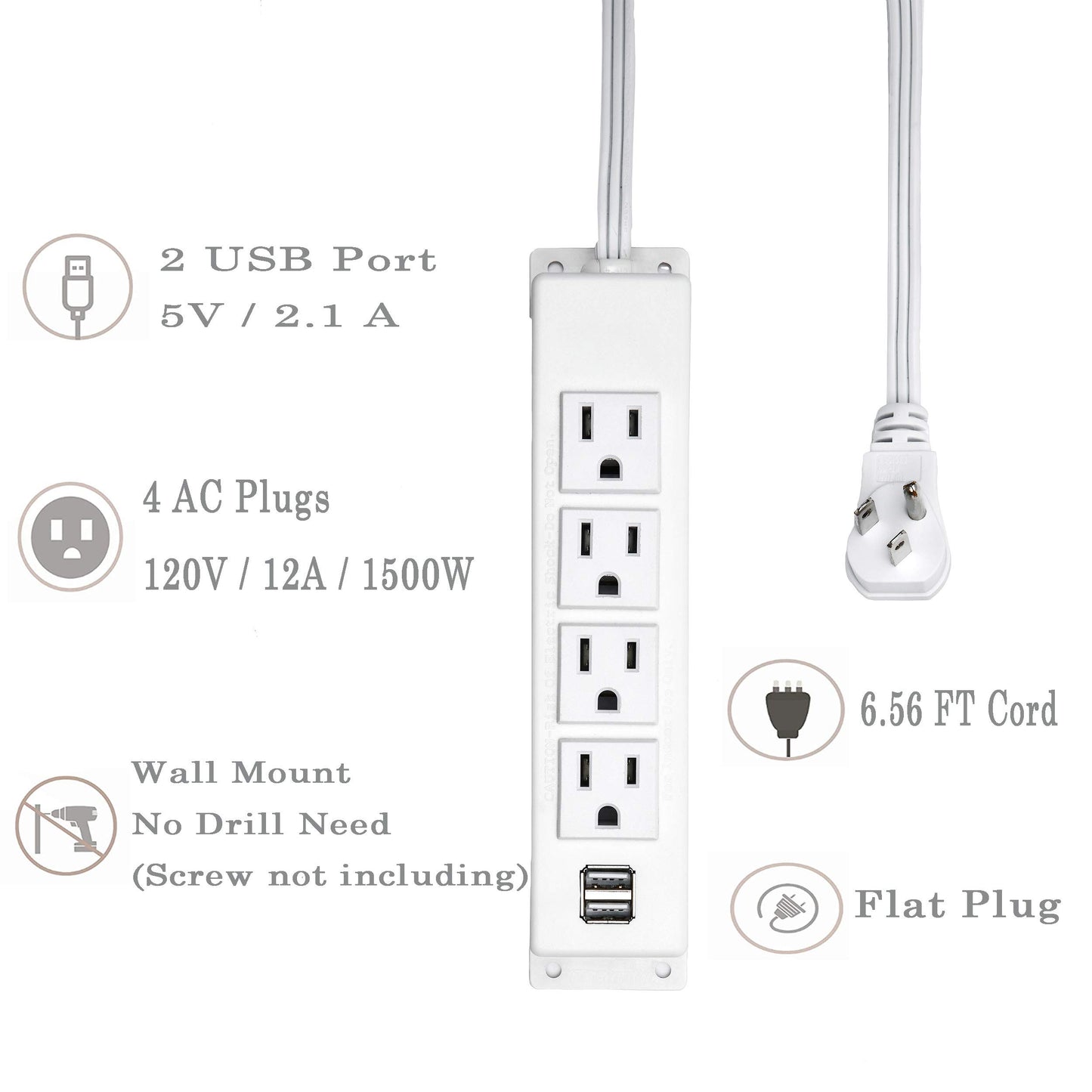 Wall Mount Power Strip with USB, 4 AC Outlet and 2 USB Ports