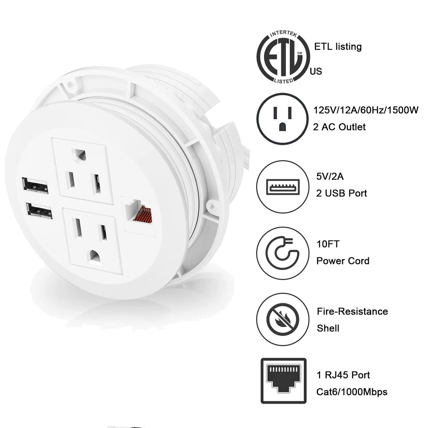 Recessed Desk Outlet with 2USB, 2 AC, 1 Network RJ45 Port