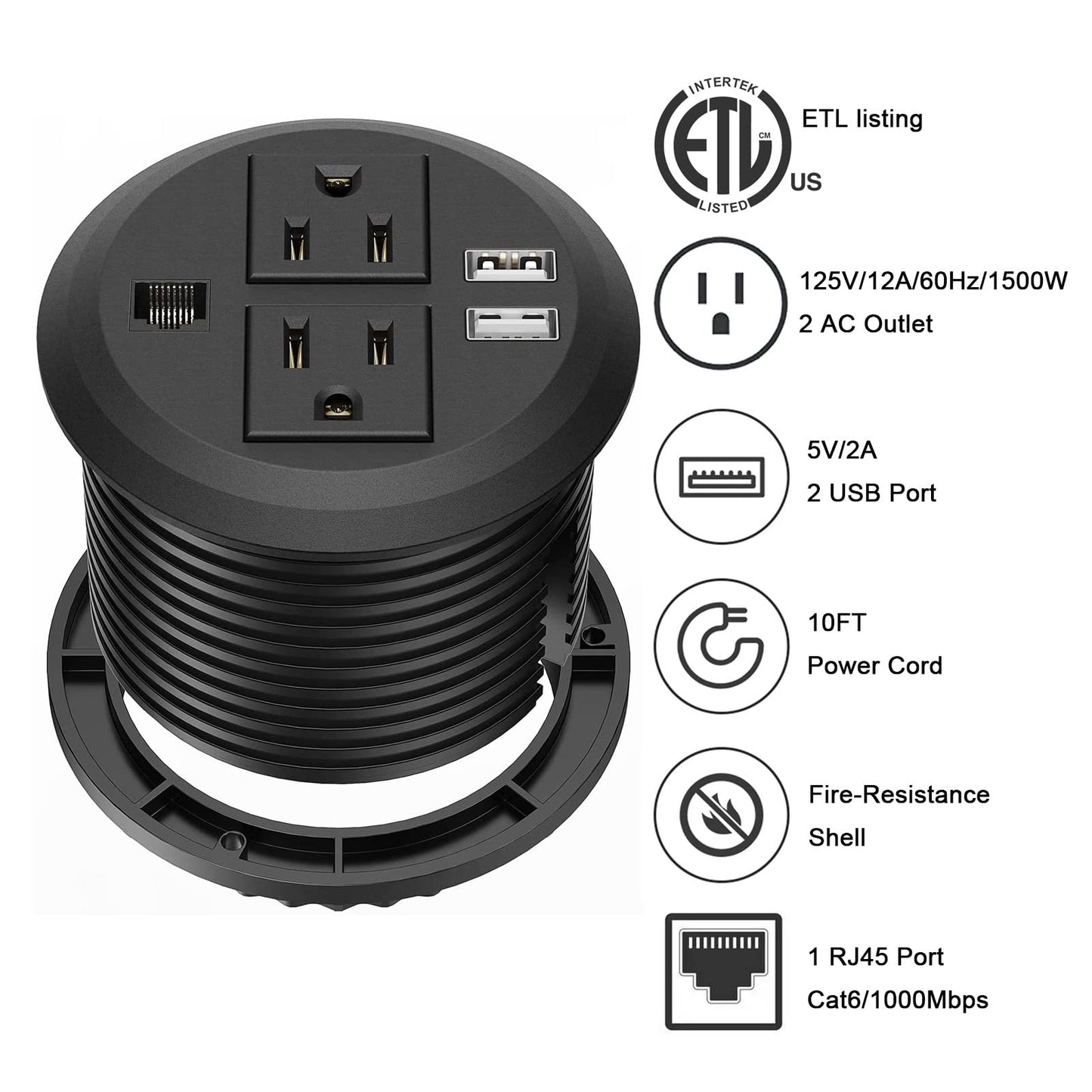 Recessed Desk Outlet with 2USB, 2 AC, 1 Network RJ45 Port