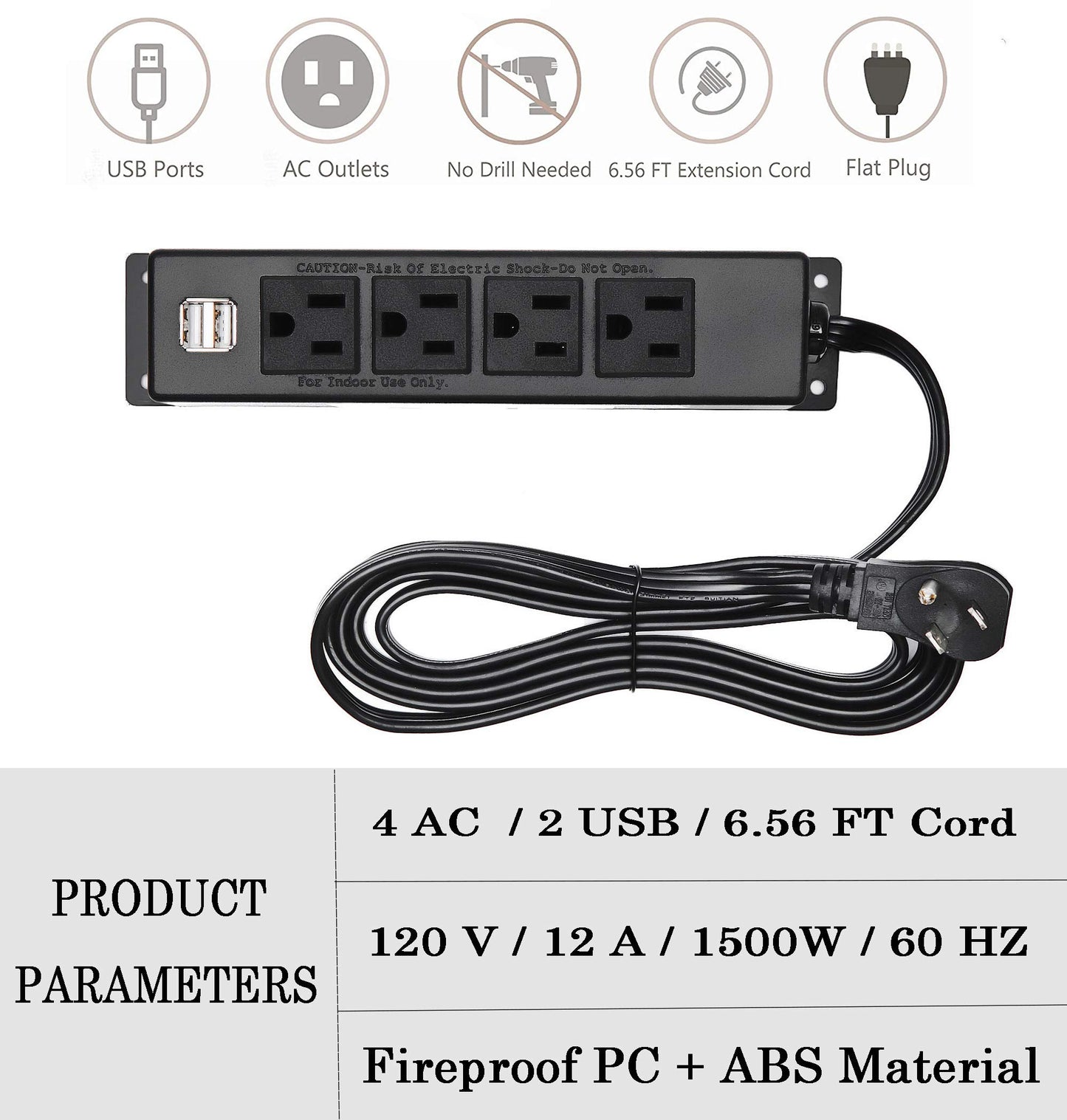 Wall Mount Power Strip with USB, 4 AC Outlet and 2 USB Ports
