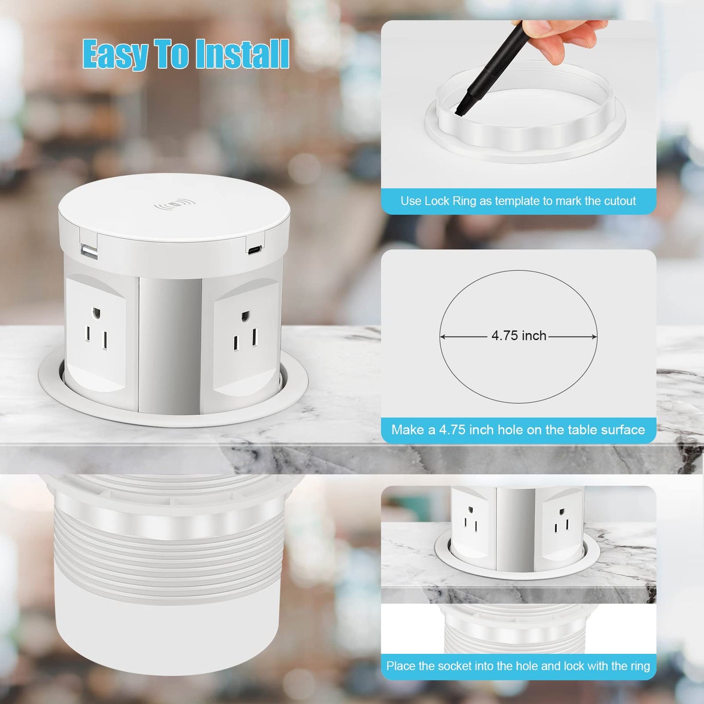 Automatic Pop Up Outlet Wireless Charger Power Strip with Type-C