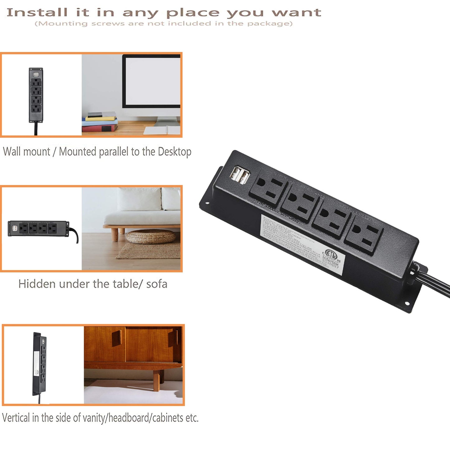 Wall Mount Power Strip with USB, 4 AC Outlet and 2 USB Ports
