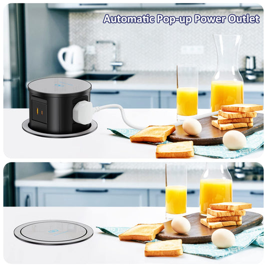 Black retractable pop up outlet with wireless charging shown raised and closed on a kitchen counter