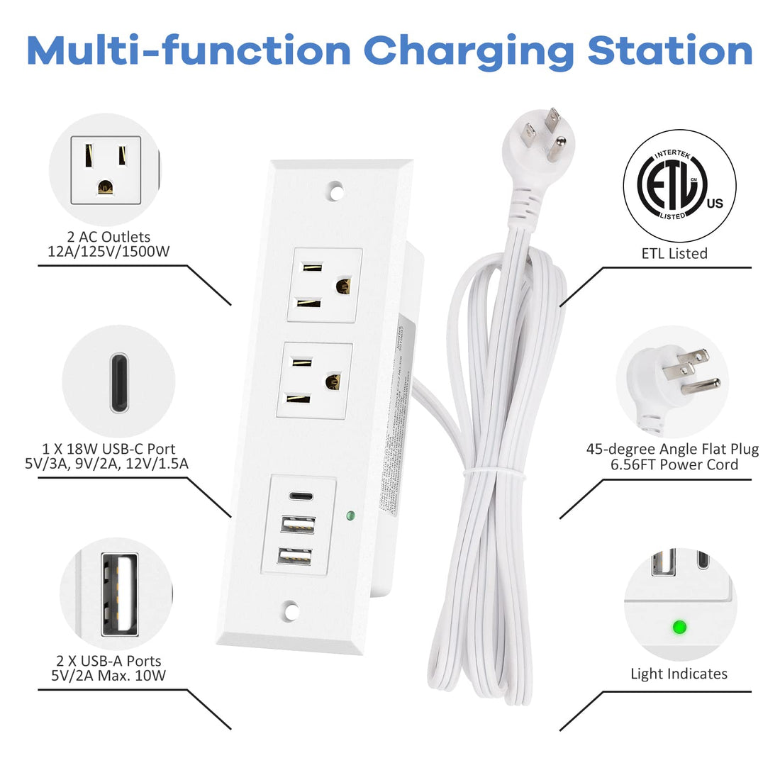 Recessed Power Strip Desk Outlets with Type-C