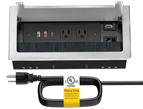 Silver conference table power hub with HDMI, RJ45, USB-C and AC outlet