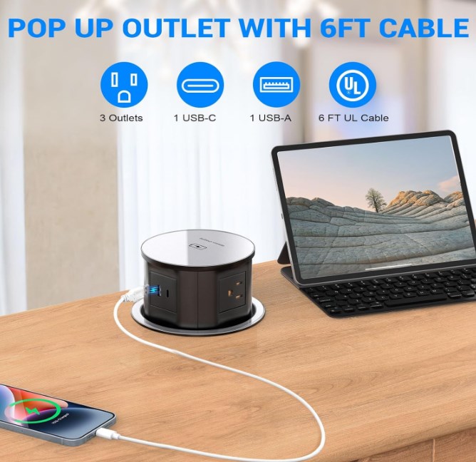 Transform Your Kitchen with the Ultimate Power Solution: The Pop Up Outlet Electrical Power Socket with Wireless Charger!