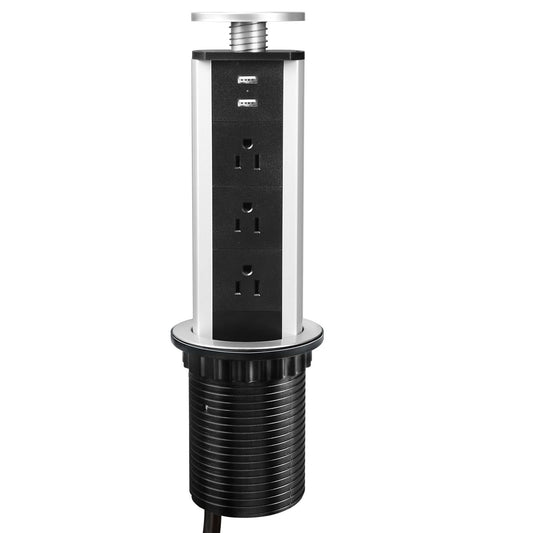 Retractable pop-up outlet for desk and countertop planning
