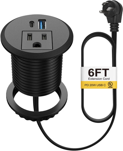 Black 2 inch desk power grommet outlet with 1 AC outlet, USB-C, USB-A and 6 ft cord