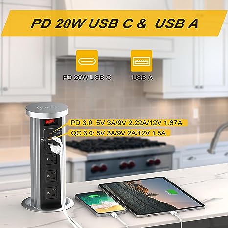 Automatic Pop Up Outlet for Countertop with USB C PD 20W