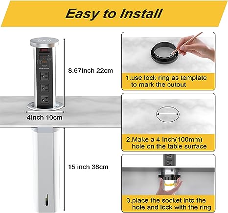 Automatic Pop Up Outlet for Countertop with USB C PD 20W