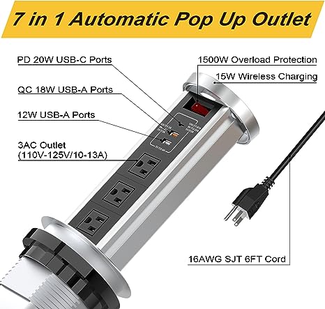 Automatic Pop Up Outlet for Countertop with USB C PD 20W