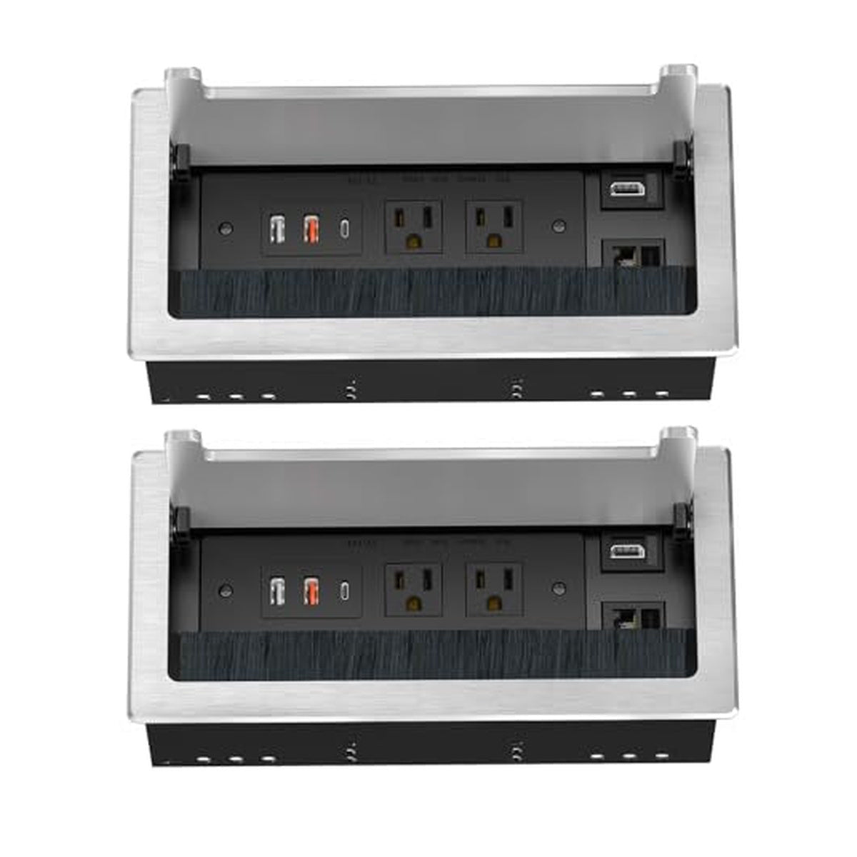 Two silver conference table power hubs with HDMI, RJ45, 20W USB-C, USB-A and AC outlets