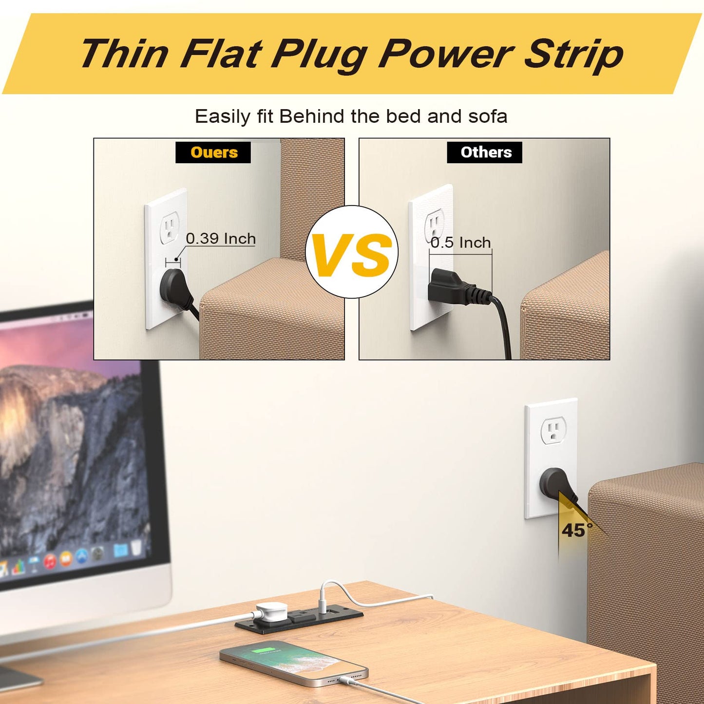 Recessed Power Strip with 2AC socket & 1 USB A & 1 USB C