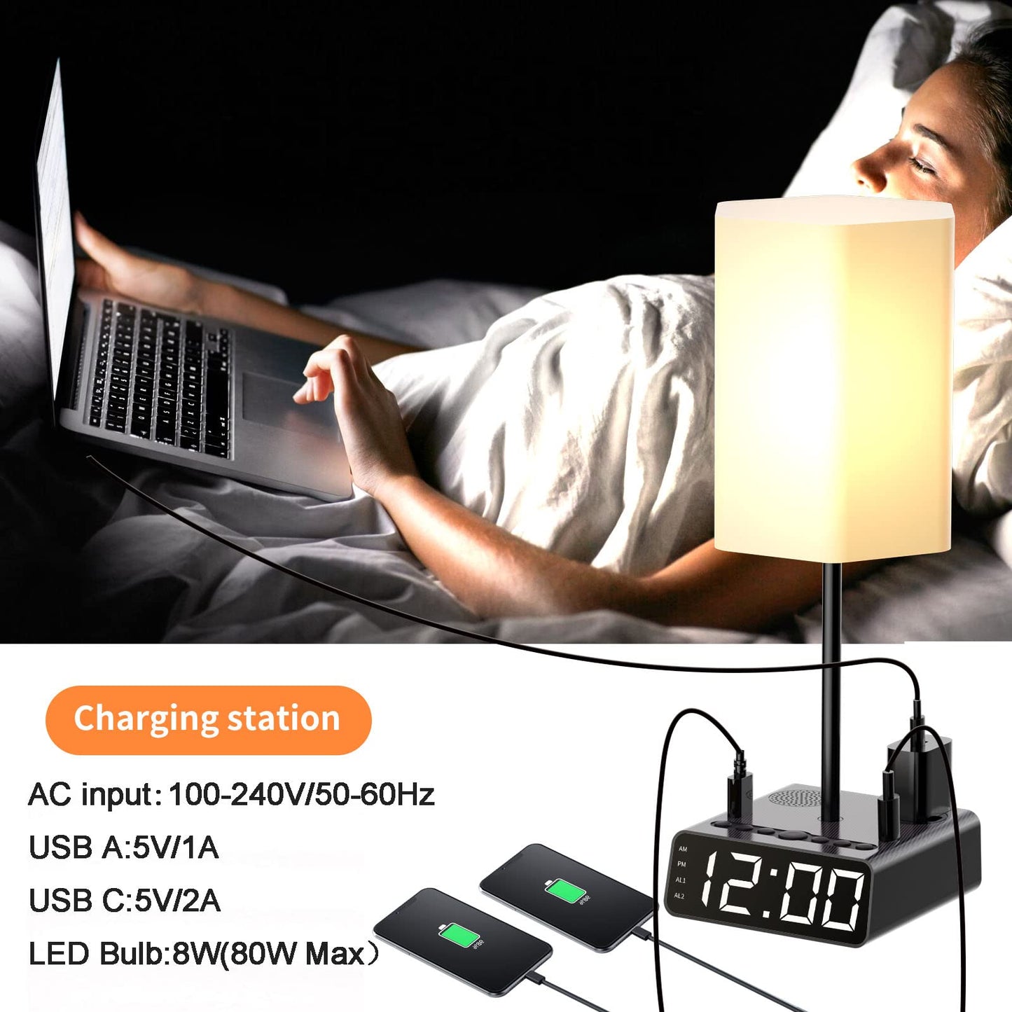 Beside Table Lamp with USB Ports and Outlets & Speakers