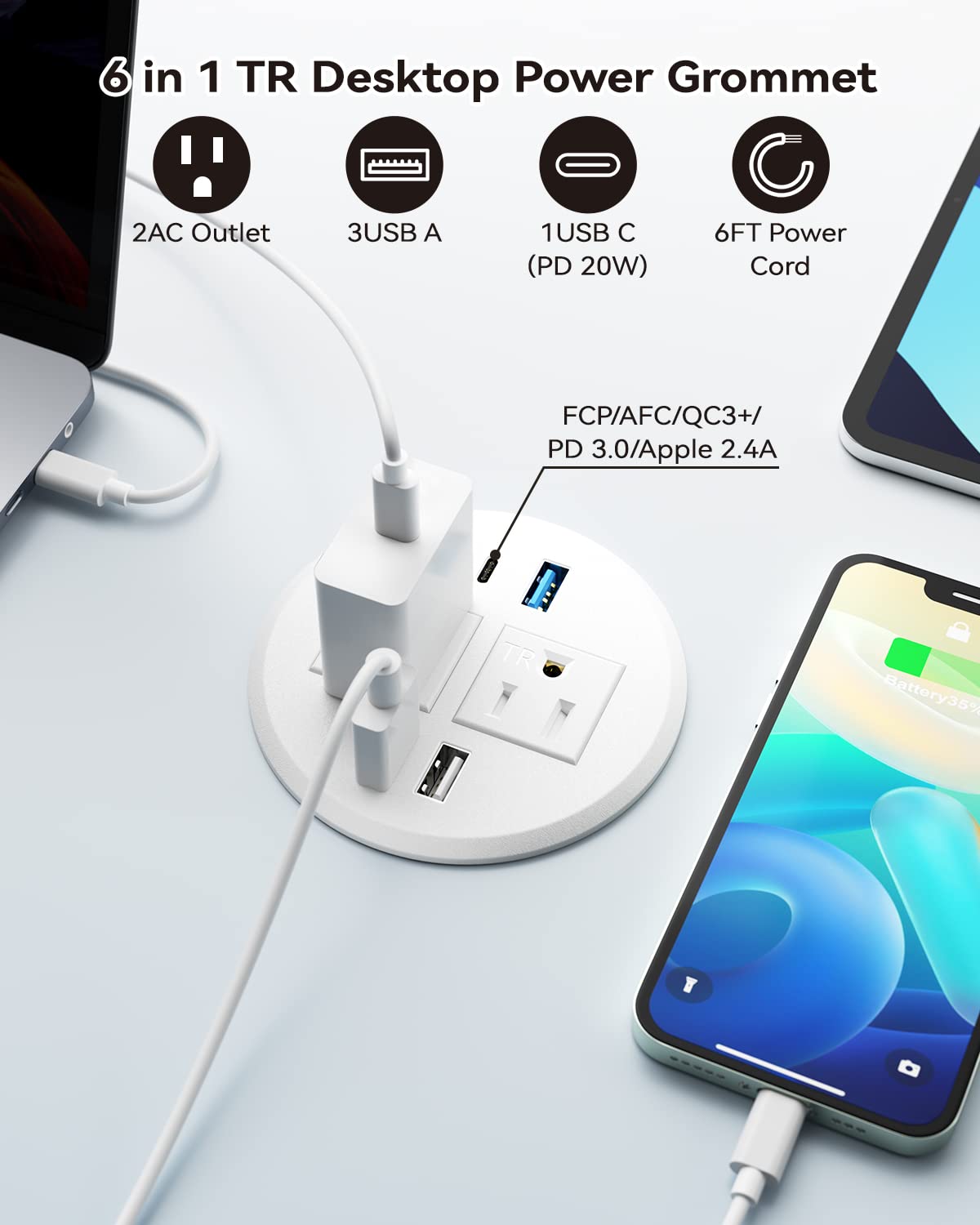 Desktop Power Grommet with PD 20 W USB C