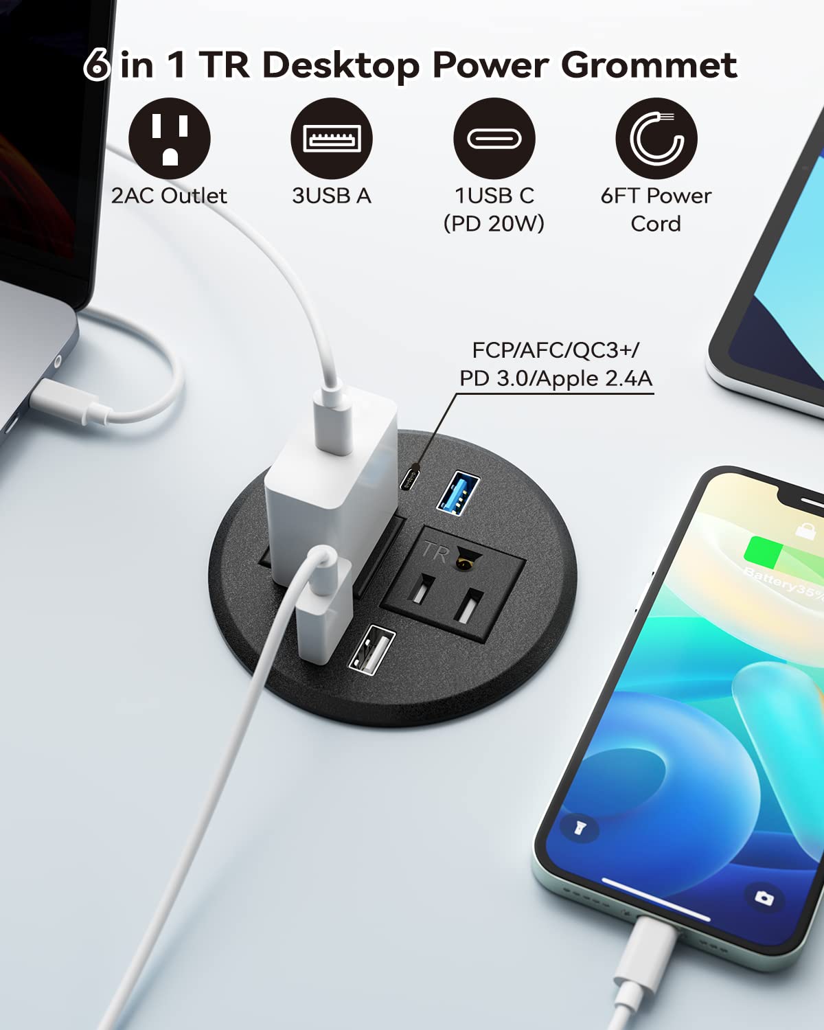 Desktop Power Grommet with PD 20 W USB C