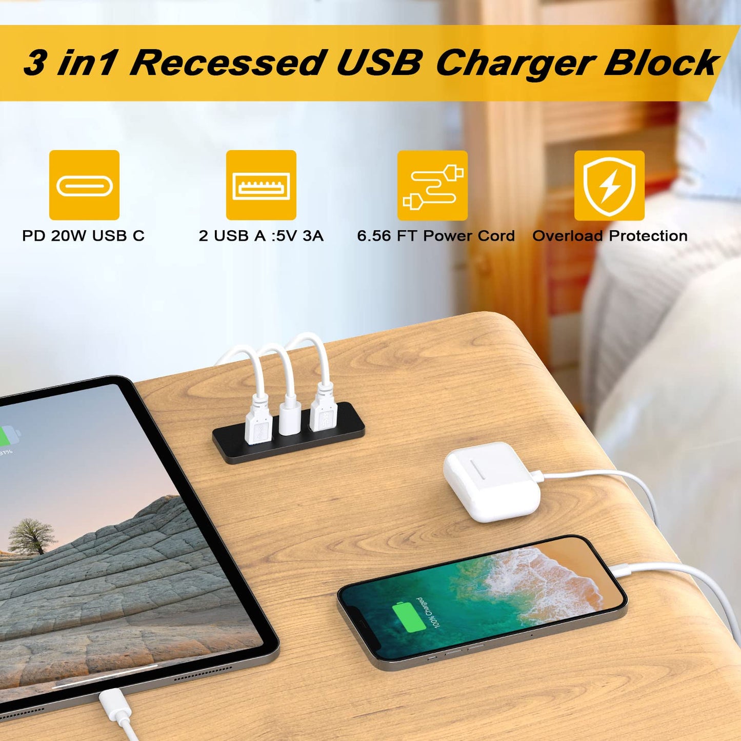 Recessed USB Hub Block Charging Station with PD 20W USB C