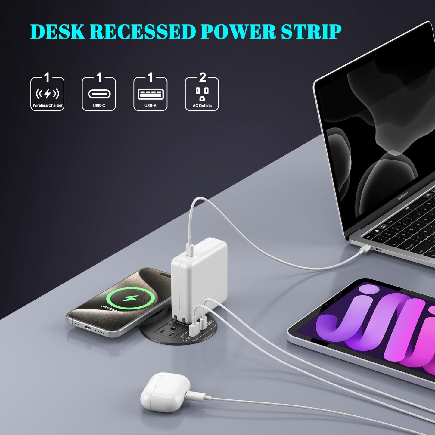 PD 20W USB C Desk Power Grommet with 10W Wireless Charger Cover