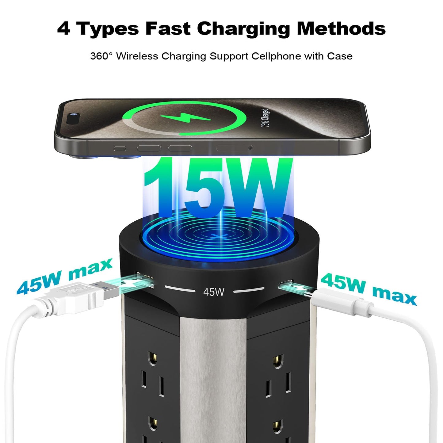 Pop Up Outlet for Countertop with 15W Wireless Charger