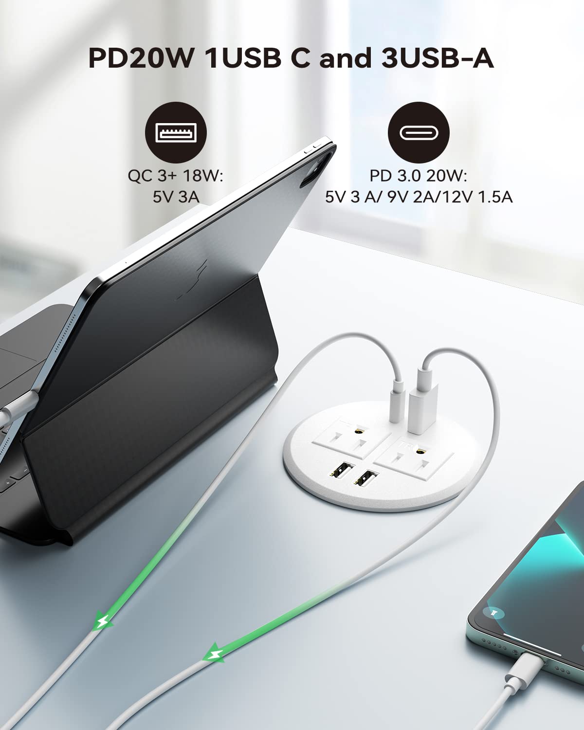 Desktop Power Grommet with PD 20 W USB C