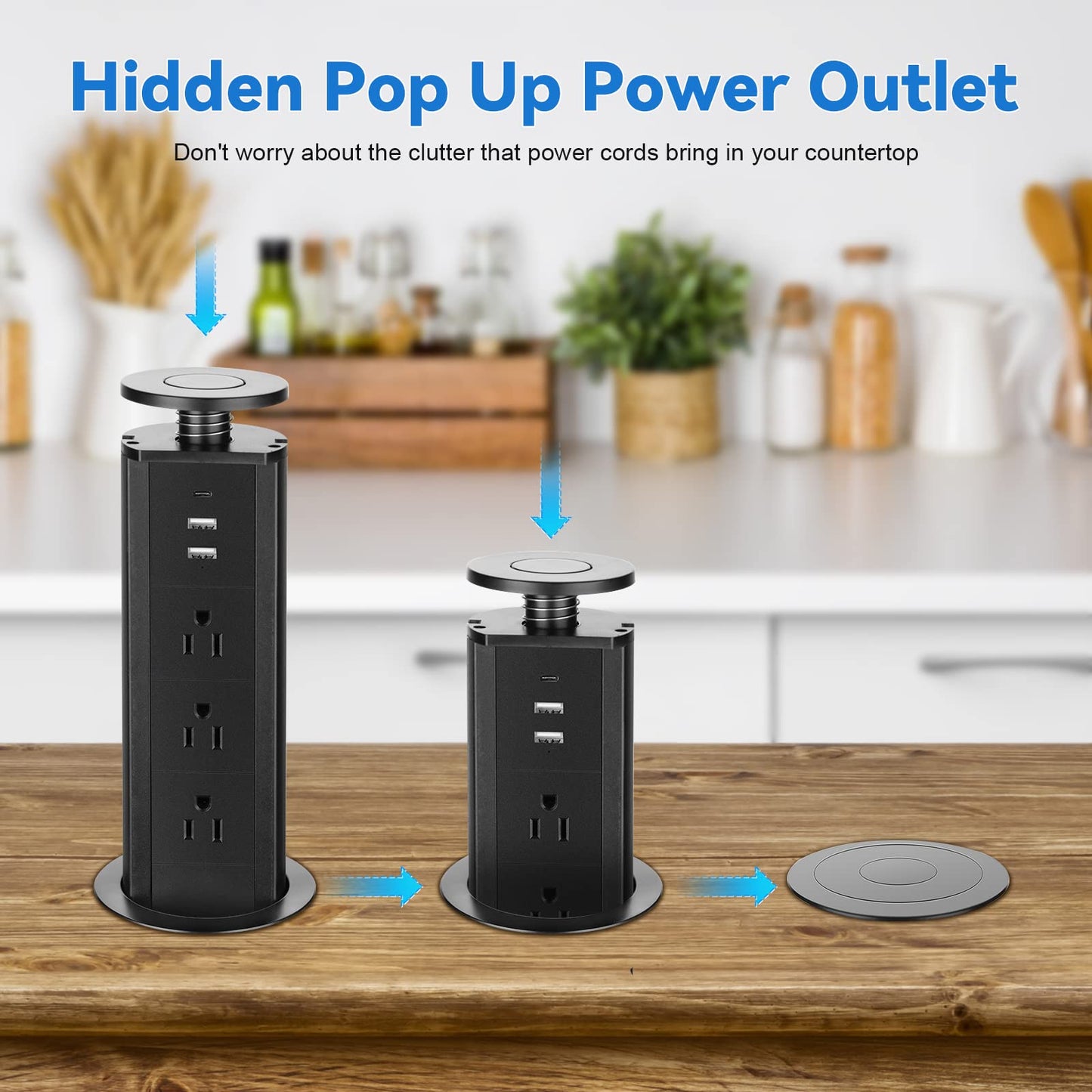 Pop Up Socket with 3 AC Outlets and 2 USB-A & 1 PD 20W USB-C Ports