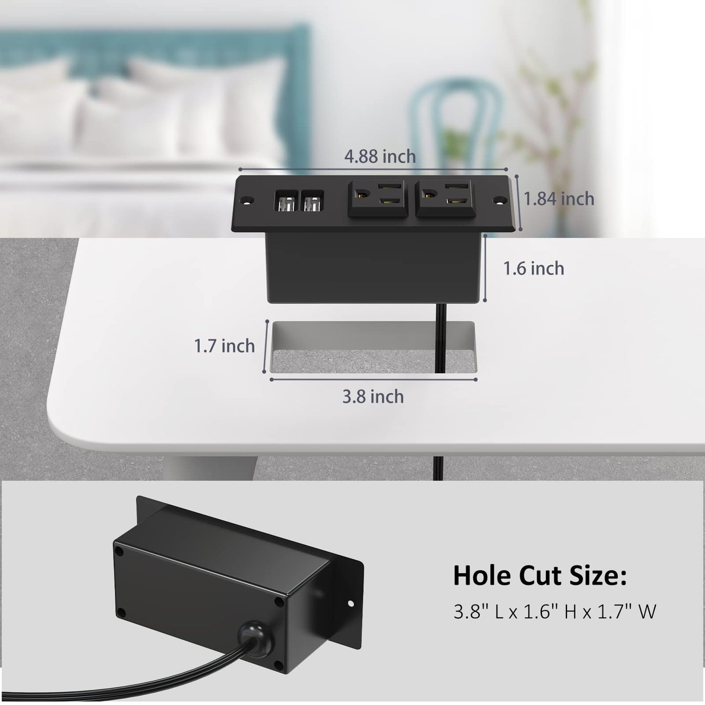 Desk Power Grommet Outlet with USB, 2 AC Outlets & 2 USB Ports