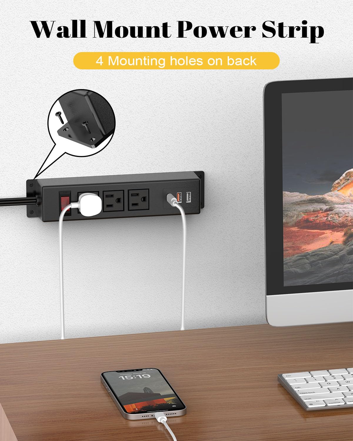 Wall Mount Power Strip with 3 AC Outlet and 3 USB Ports