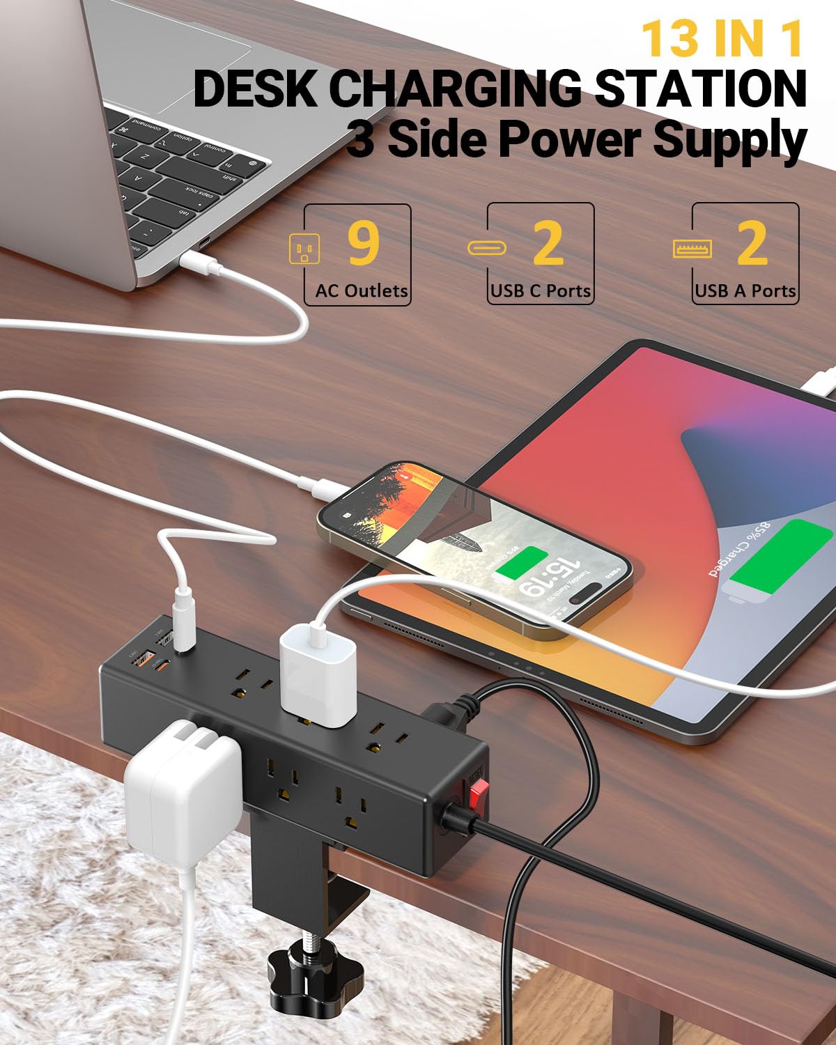 Desk Outlet with 9 AC Plugs 4 USB Ports, GaN 65W Fast Charging Station