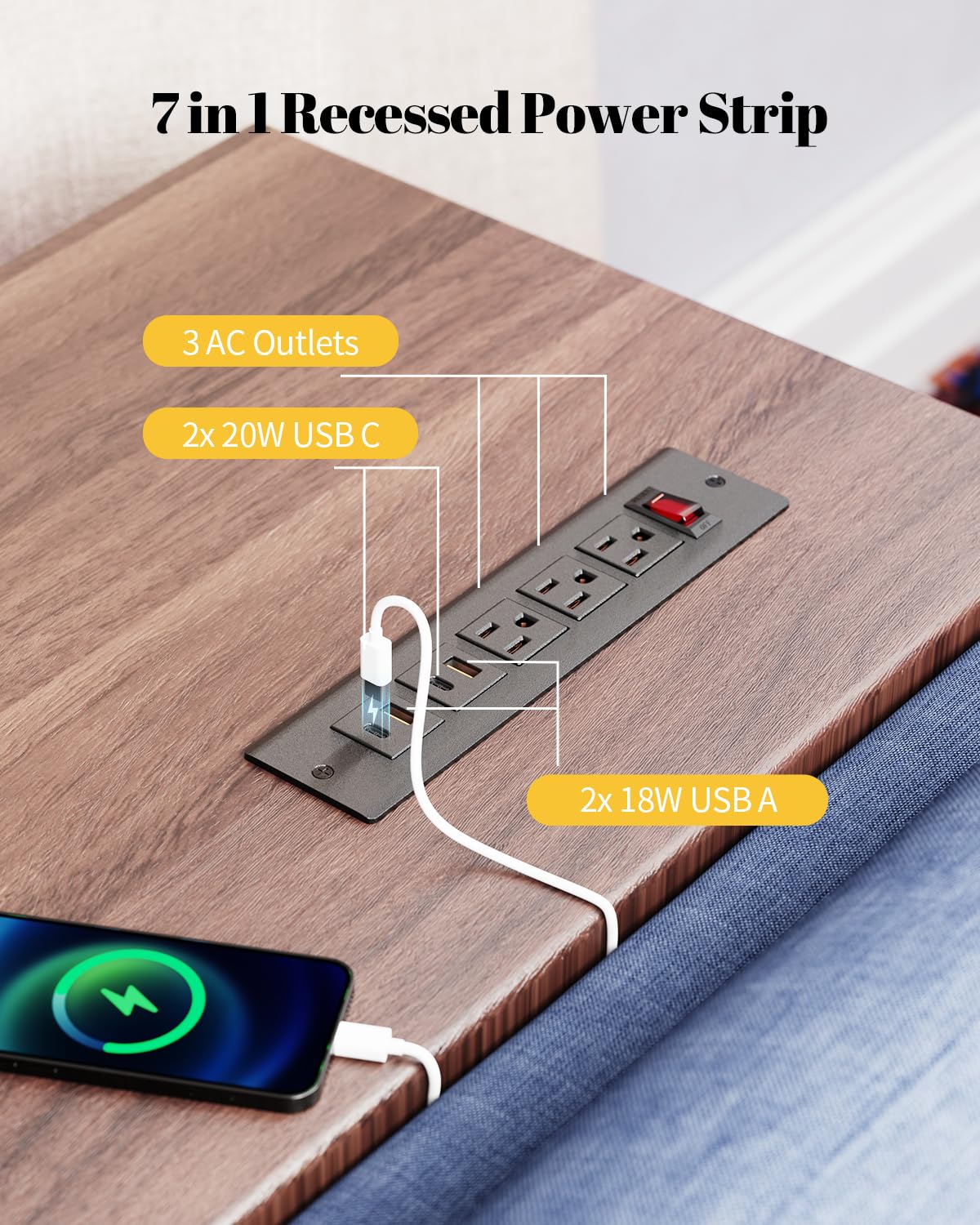 Recessed Power Strip USB C 40W, 3 AC Outlets & 4 USB Ports