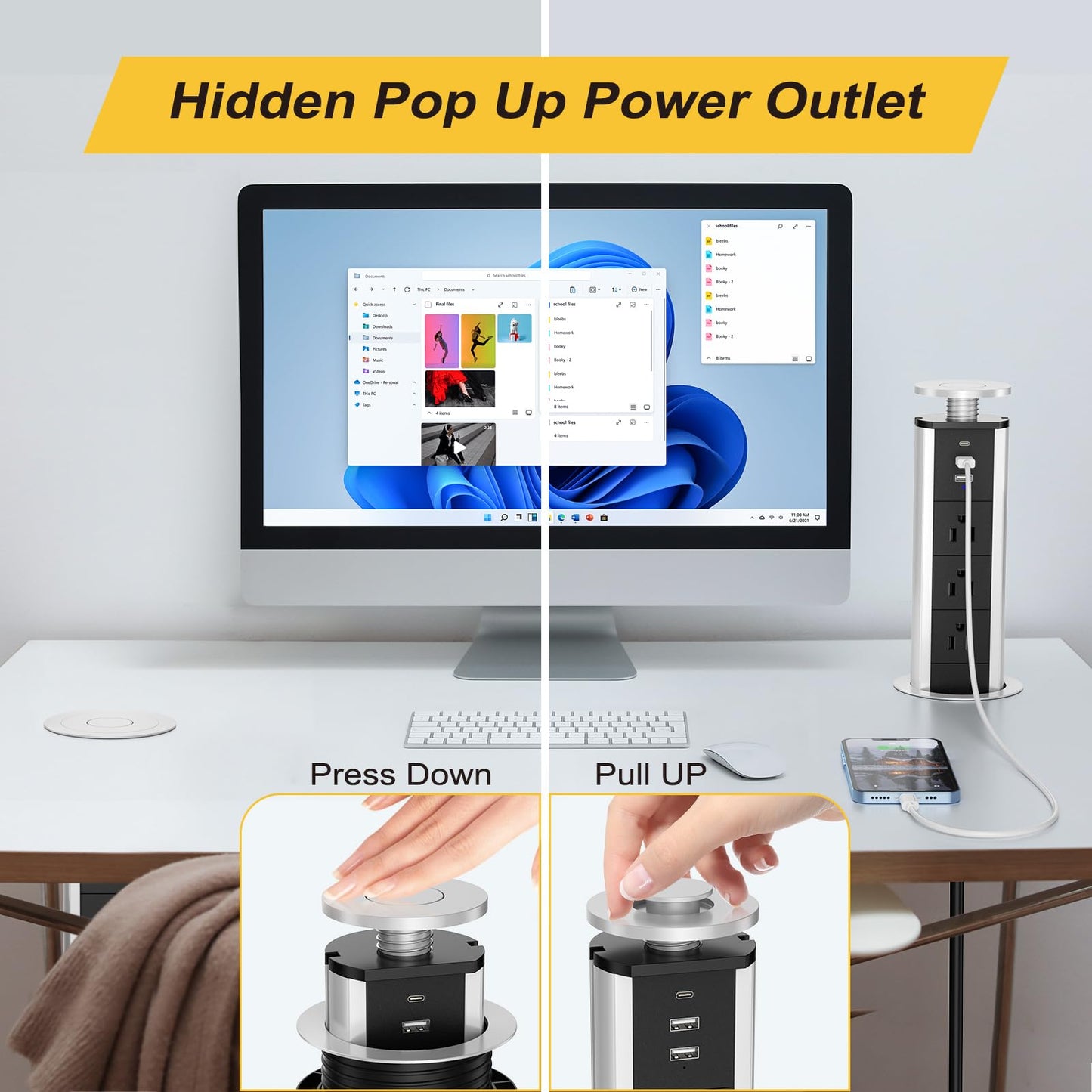 Pop Up Socket with 3 AC Outlets and 2 USB-A & 1 PD 20W USB-C Ports