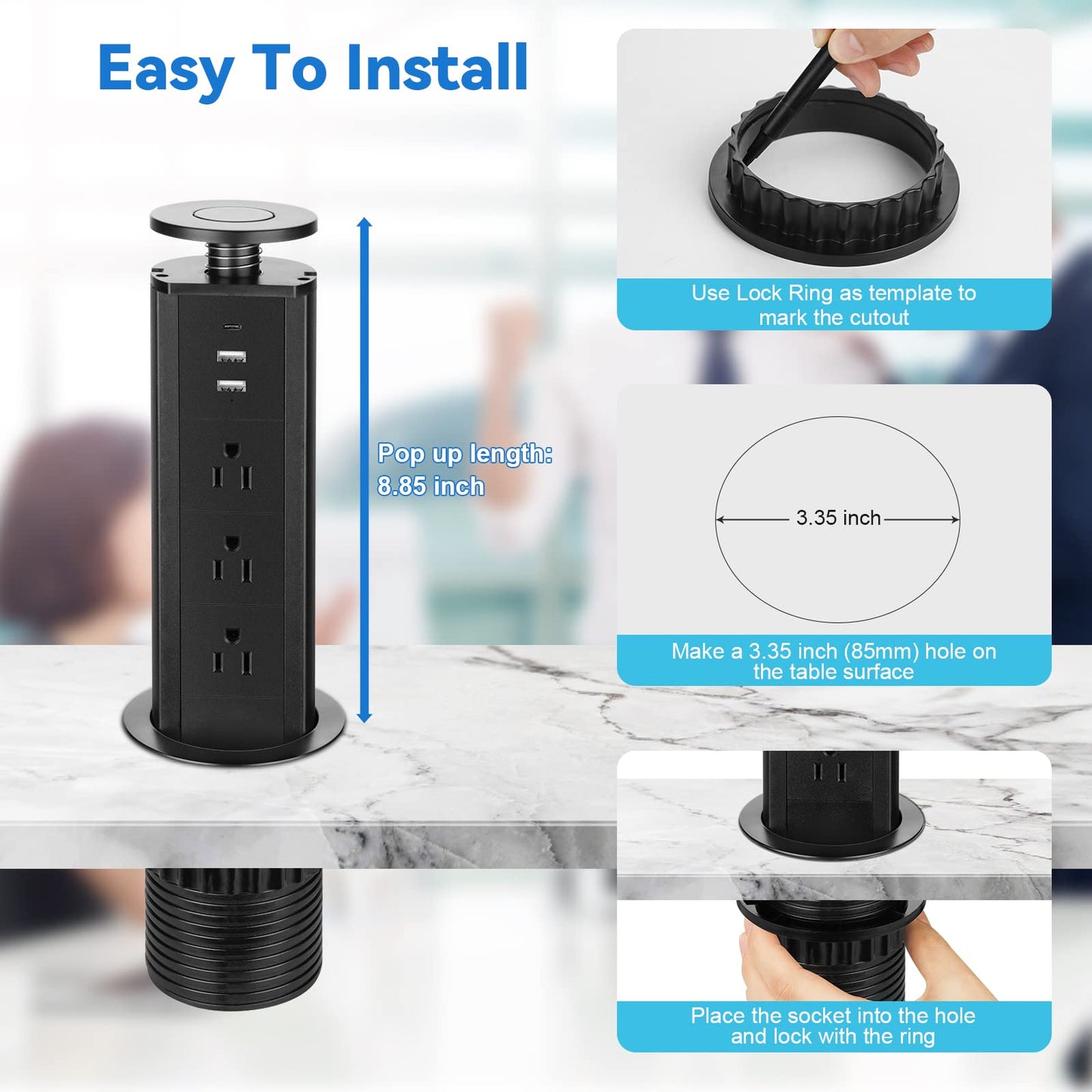 Pop Up Socket with 3 AC Outlets and 2 USB-A & 1 PD 20W USB-C Ports