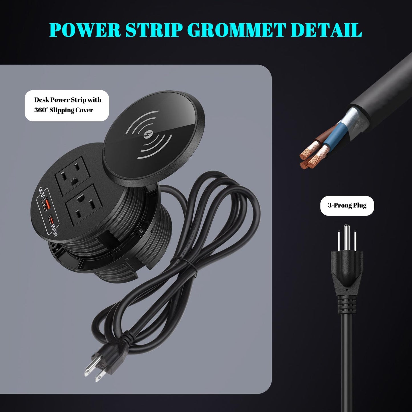 PD 20W USB C Desk Power Grommet with 10W Wireless Charger Cover